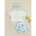thumbnail image 4 of Liacowi Infant Girl Short Sleeve Tops + Shorts + Bow Headband Tassel Letter Cow / Camouflage / Rainbow Clothing Outfits Set, 4 of 9
