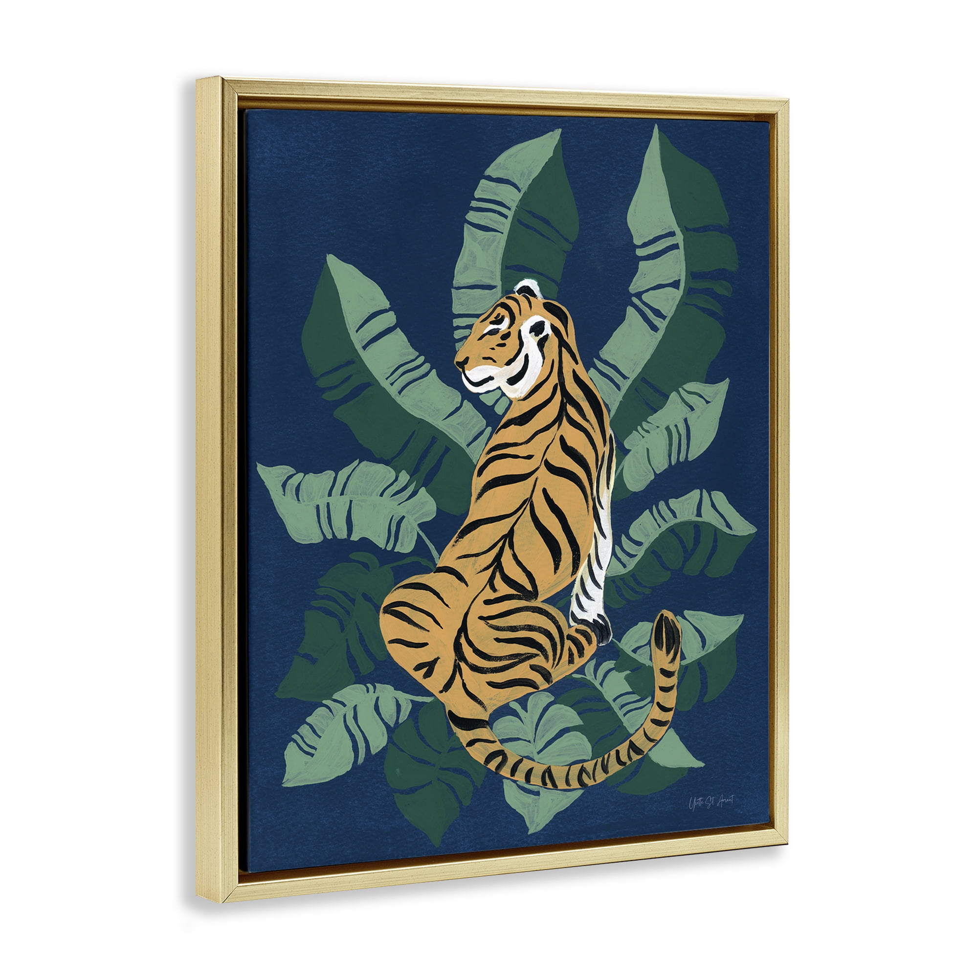 Stupell Industries Tiger Sitting over Palms Animals & Insects Painting Gold Floater Framed Canvas Art Print Wall Art, 25 x 31