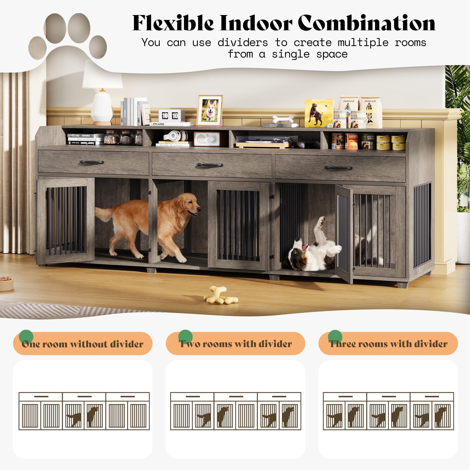 Merluxy 95" Large Dog Crate Furniture with Storage, 3-Room Indoor Wooden Dog Kennel for Large/Medium Dogs, TV Stand & Sideboard, Grey