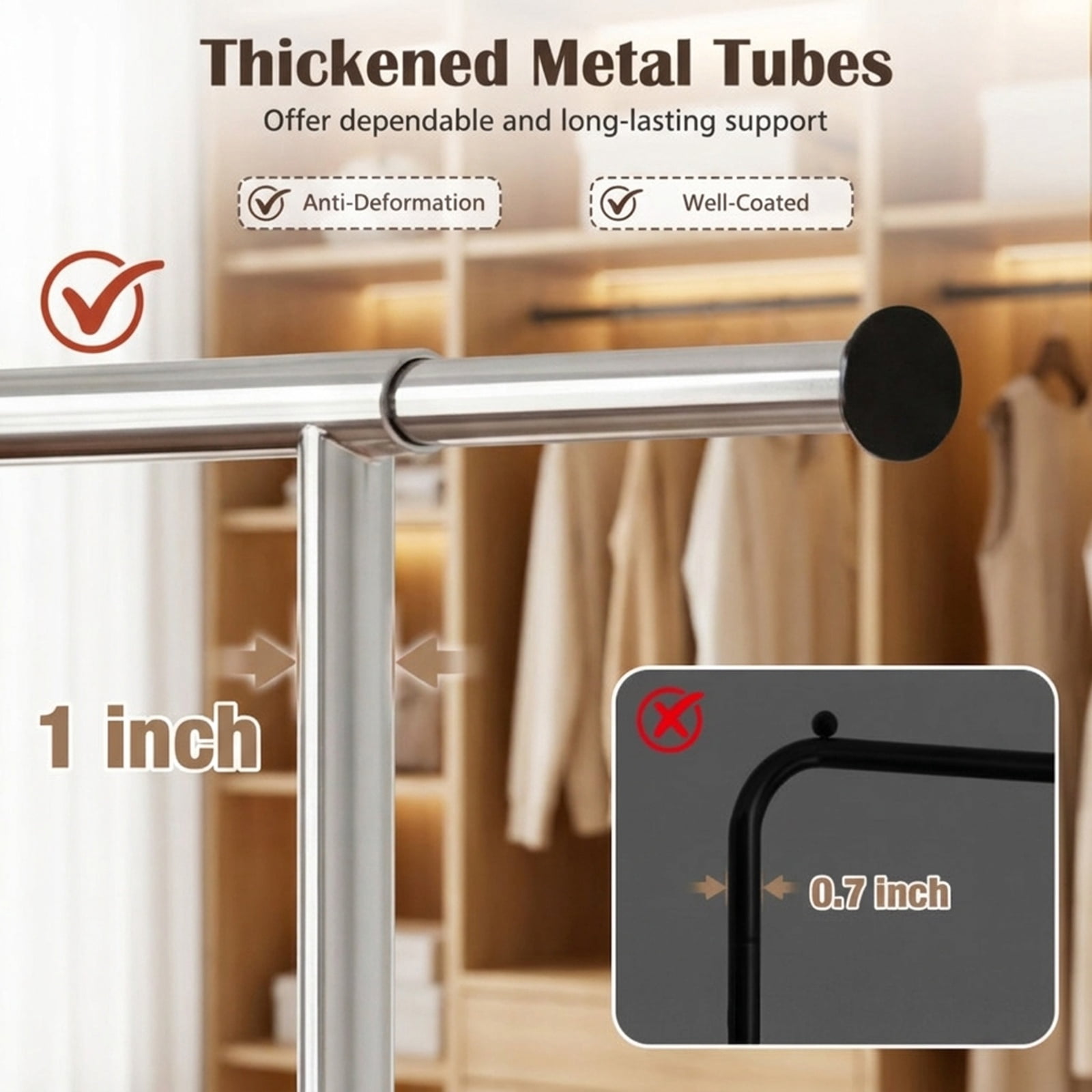 Furnibear Rolling Clothes Rack with Wheels Extendable Hanging Rod and Bottom Storage Bars Heavy Duty Metal Garment Rack for Bedroom and Laundry, Black