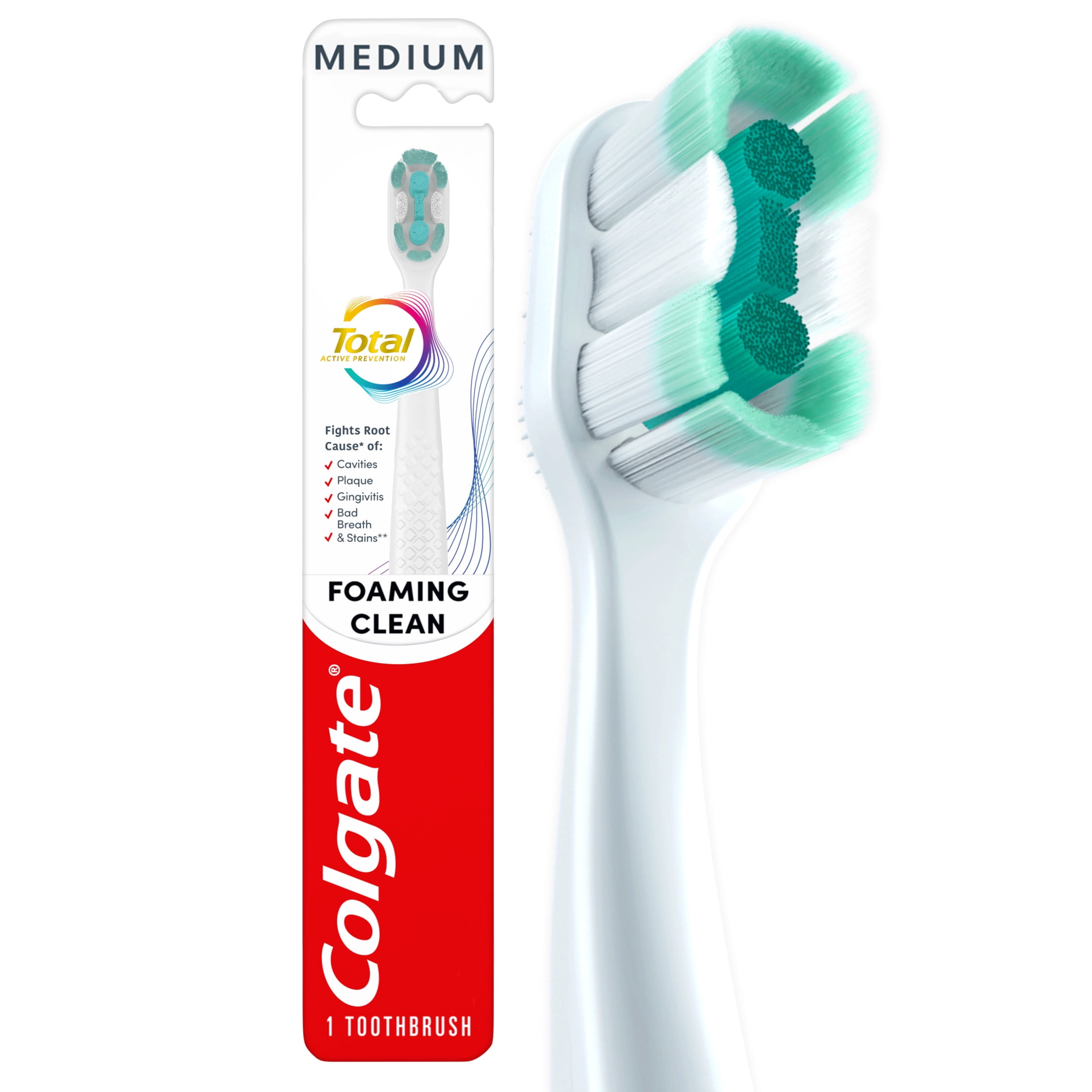 (3 pack) Colgate Total Active Prevention Foaming Clean Medium Toothbrush, White, 1 Pack