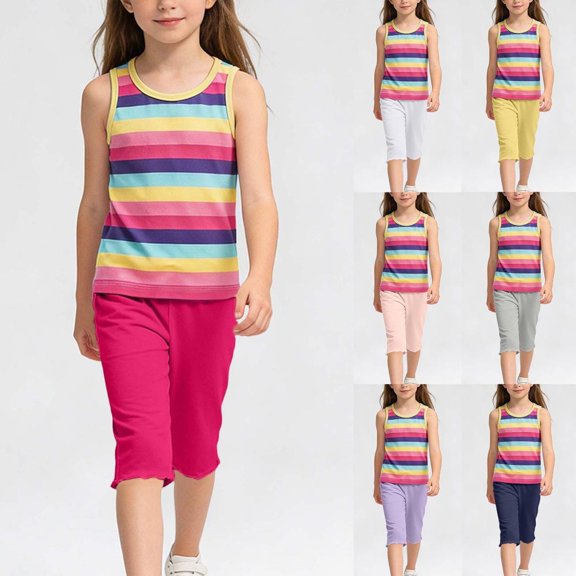 BXSRUTA Kids 2 Piece Sleeveless Top & Cropped Pants Set Cotton Casual Summer Outfit