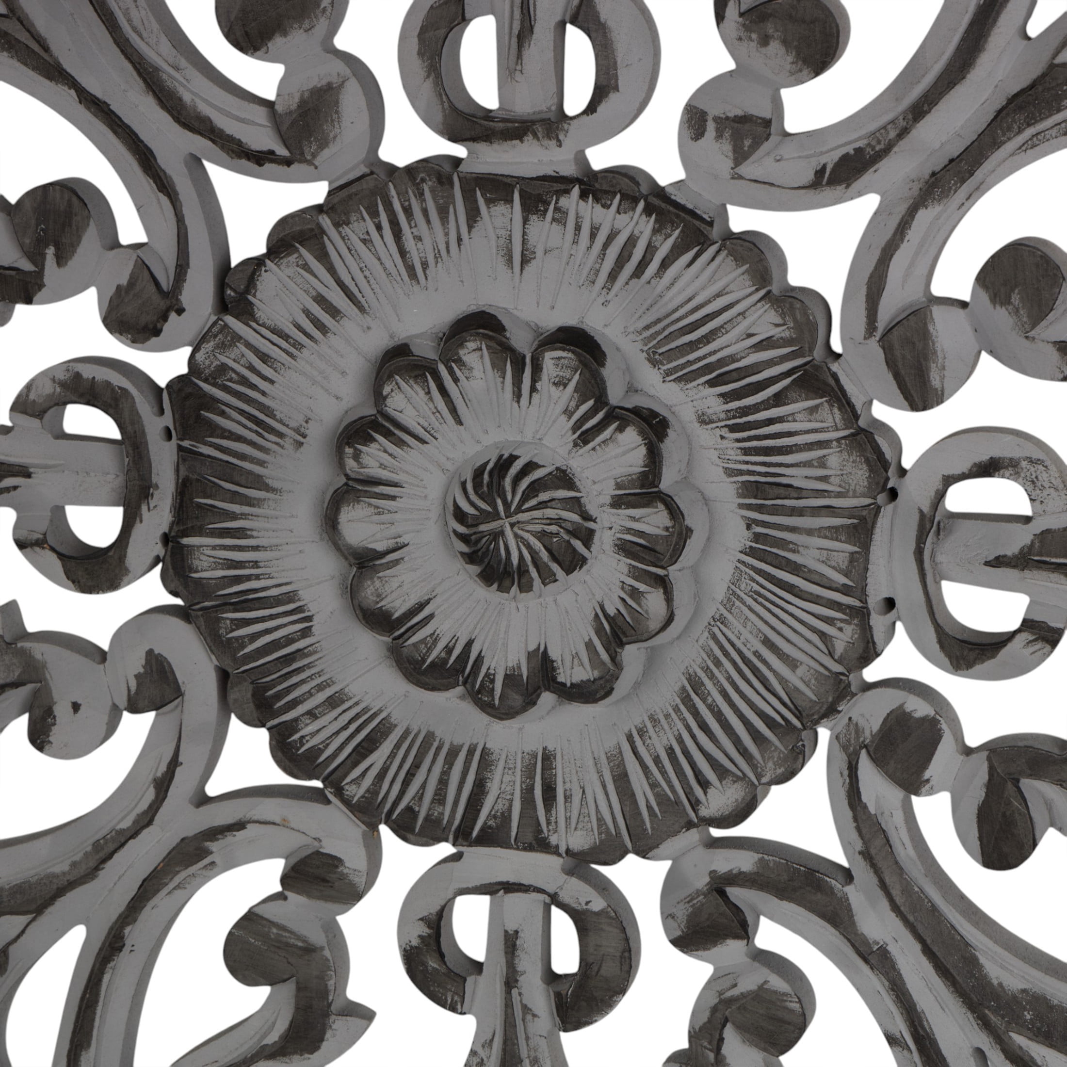 DecMode Traditional Wood Handmade Gray Carved Floral with Mandala Design Wall Décor, Set of 3 24"W x 72"H