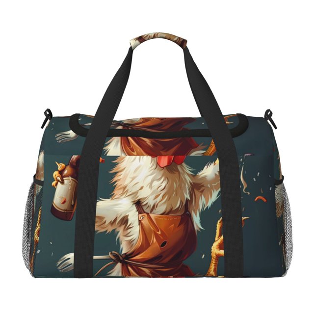 Fotbe Chef Chicken With Beer Bottles Bolsa de Viaje con Estampado, Bolsa de Fin de Semana para Mujer con Compartimento para Zapatos, Bolsa de Gimnasio con Bolsillo Húmedo