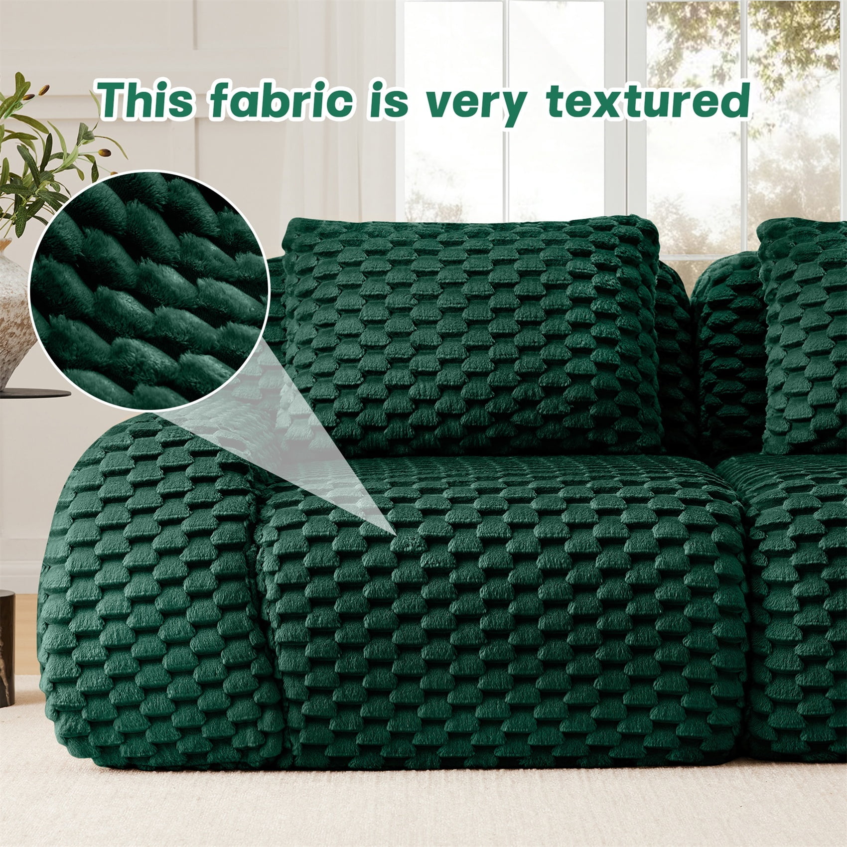 Alvantor 114" Cloud Modular Sectional Sofa with Movable Ottoman, L Shaped Deep Seat Flannelette Boneless Couch for Living Room Bedroom Green