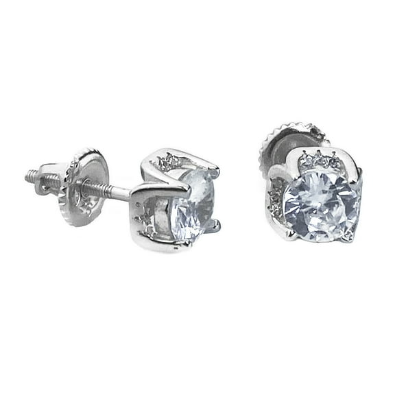 Real Solid 925 Sterling Silver Solitaire Iced Round Cut Earrings Screw Back CZ 5MM