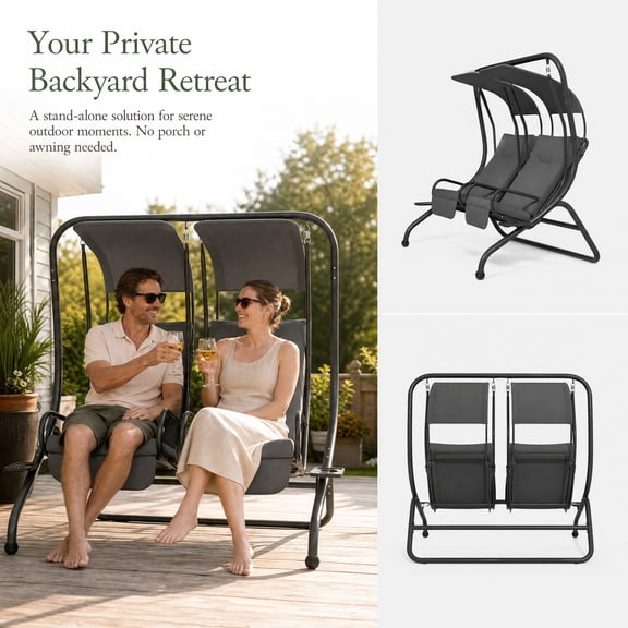 2-Seater Patio Swing Chair with Canopy, Heavy Duty Outdoor Porch Swing with 480 lbs Capacity 67" L x 53.5" W x 67" H