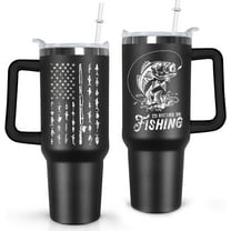 Mloabuc 40 oz Black Stainless Steel Tumbler with Handle, Fishing Gifts for Men, American Flag Patriotic Cup