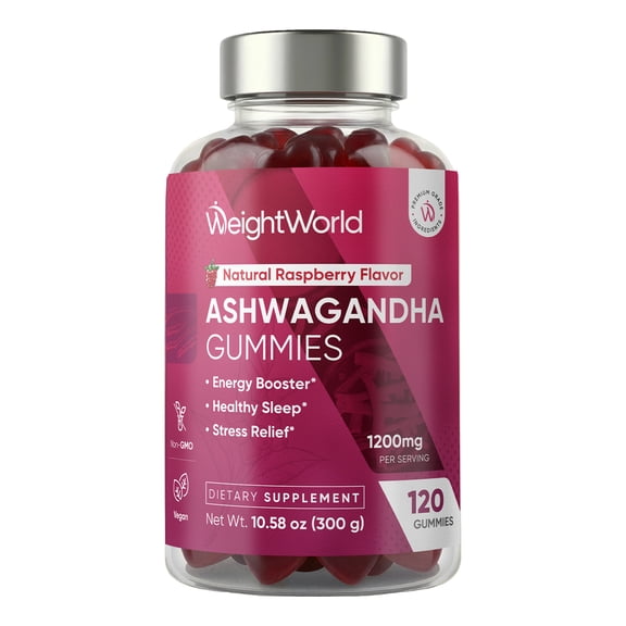 WeightWorld Vegan Ashwagandha Dietary Supplement Gummies, Natural Raspberry Flavor, 1200mg, Stress Relief, Healthy Sleep & Energy Booster, 120 Count