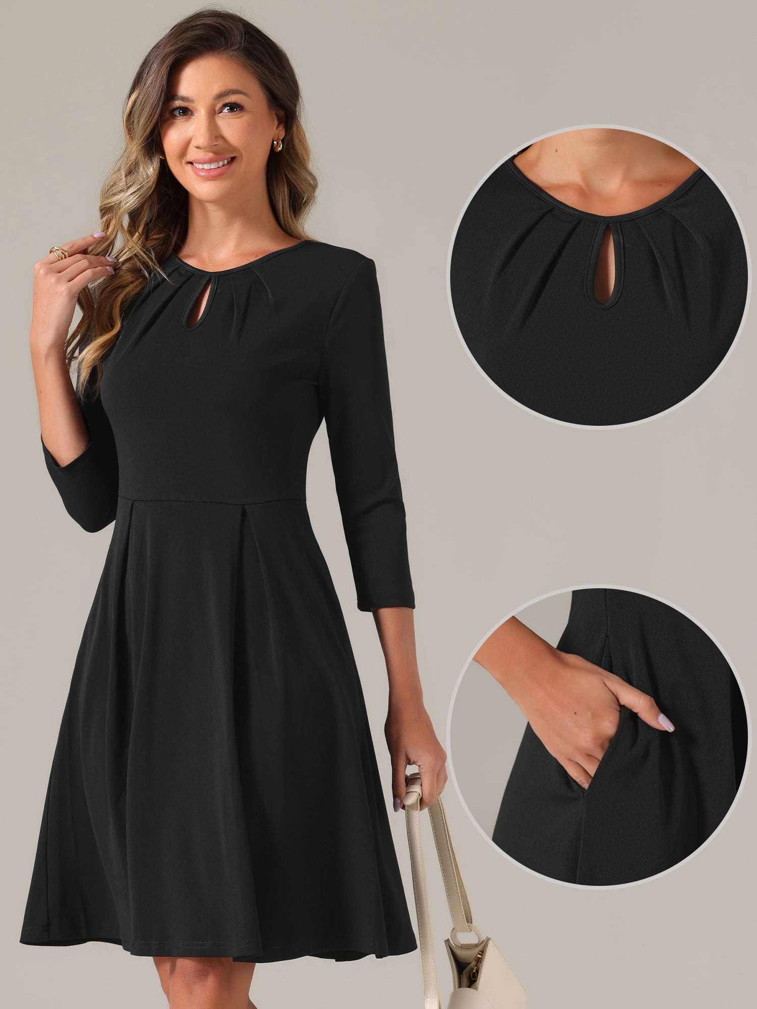 DARING DIVA Pleated Keyhole Neck A-Line 3/4 Sleeve Dress M Black