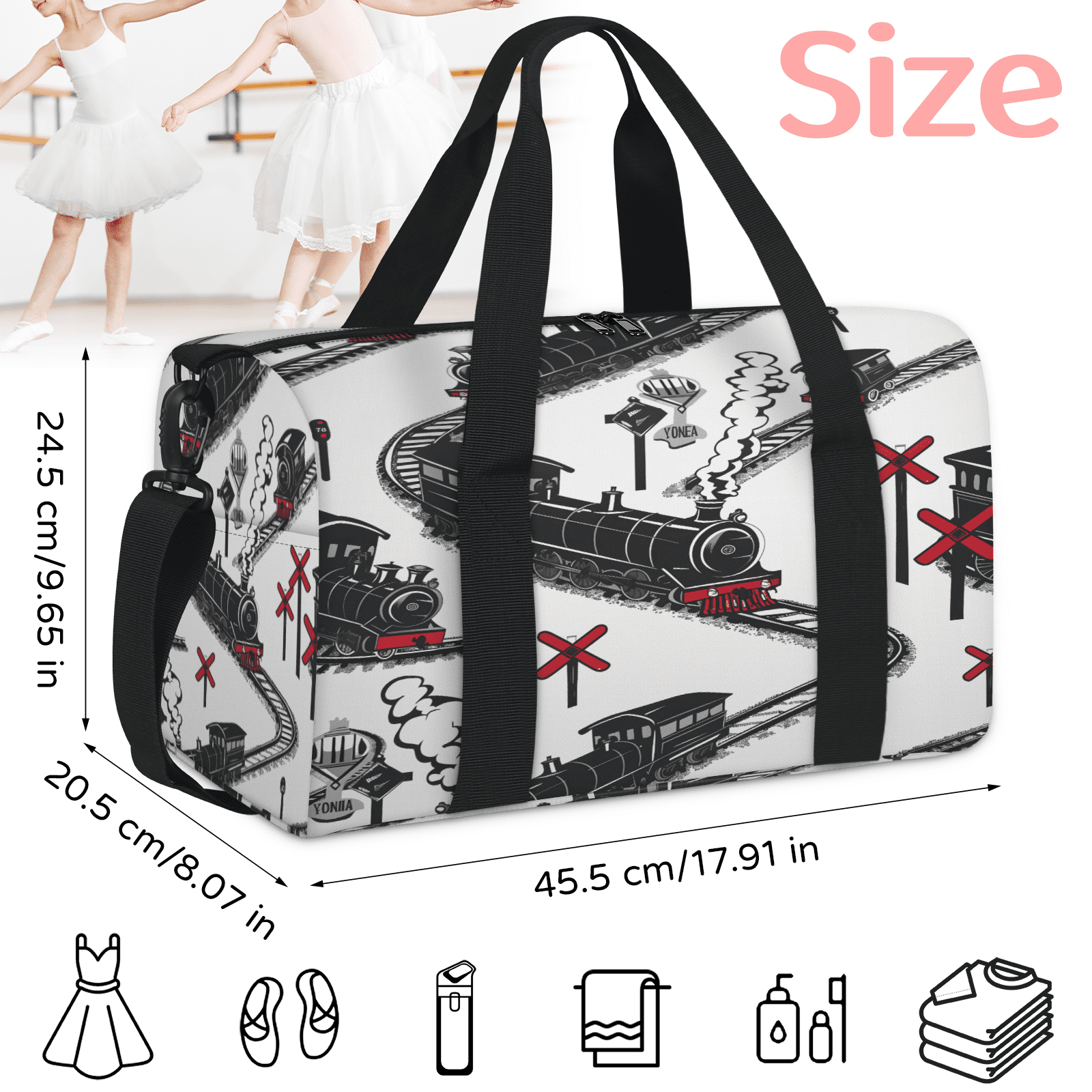 Herdesigns Cartoon Train Travel Duffle Bag Sports Yoga Weekender Overnight Carry on Workout Bags Lightweight Waterproof Gym Tote Bag for Women