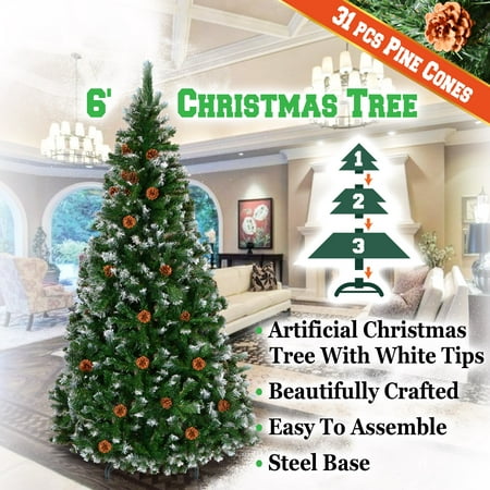 Sunrise Artificial 6' Snow Tipped Christmas Tree with Pine Cones and Steel Stand -Unlit (6' with 751 Tips and 31
