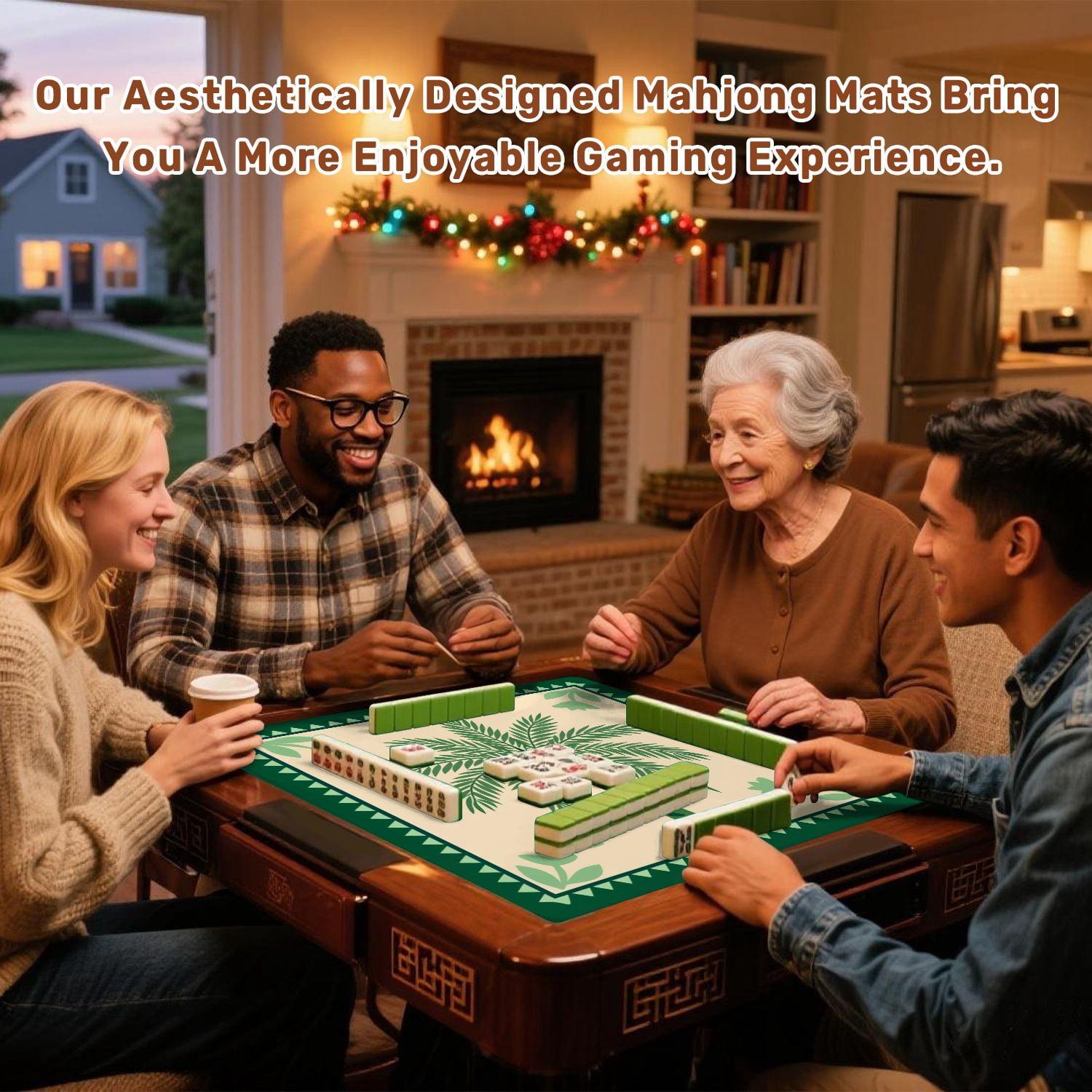 Mahjong Mat 31.5" x 31.5" Green Palm Tree Tropical Leaves Decorative Border Non-Slip Noise Reduction American Mahjong Tiles Table Cover for Dominoes Poker Card Board Games Gift