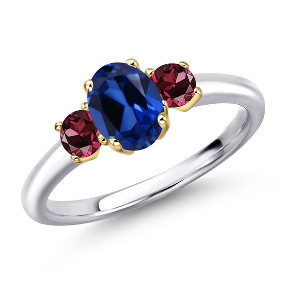 Gem Stone King 10K Two Tone Gold Blue Created Sapphire and Red Rhodolite Garnet Engagement Ring for Women | 1.44 Cttw | Oval 7X5MM | Gemstone September Birthstone | Size 6