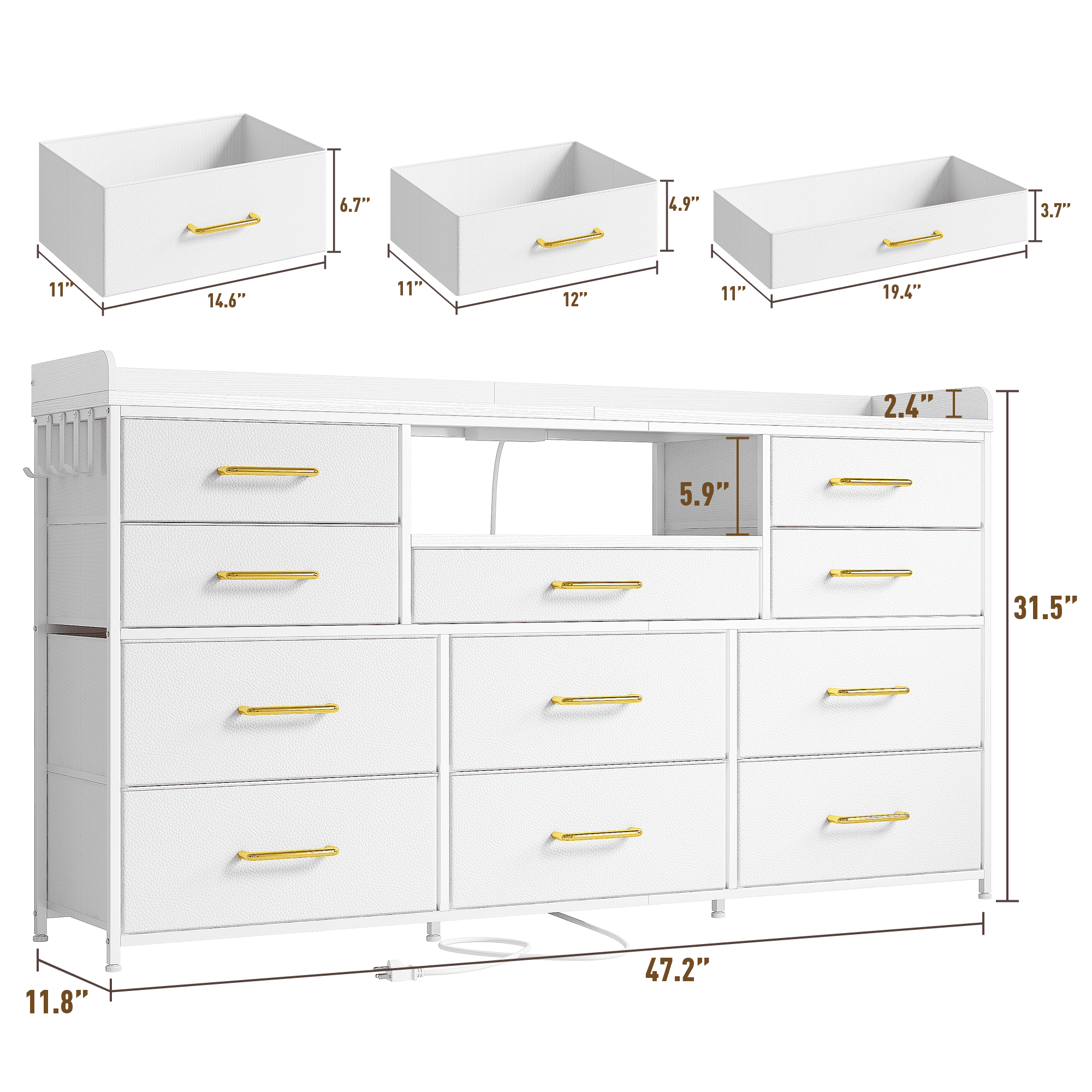 EnHomee White Dresser TV Stand for 55" TV with LED Lights & Power Outlets