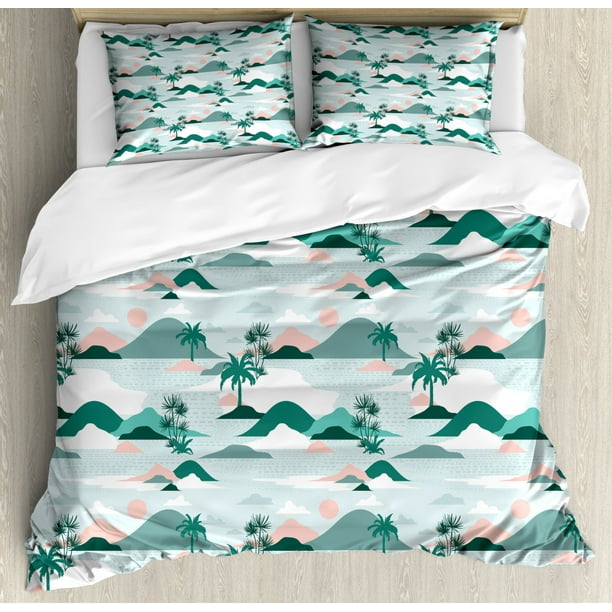 Hawaii Duvet Cover Set King Size Pastel Tones Palm Trees And Beach Hills Paper Cut Style - King Size Palm Tree Duvet Cover