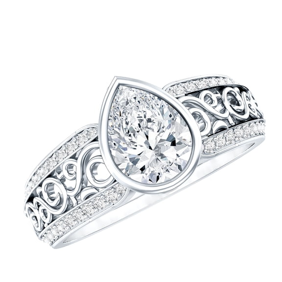 Rosec Jewels Vintage Style Moissanite Solitaire Engagement Ring - 1 Carat - Pear Shape Moissanite Ring - D-VS1 Grade, 925 Sterling Silver, US 4.00