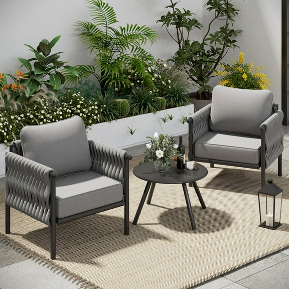 ECOPATIO Patio Furniture Set 3 Pieces, Modern Outdoor Furniture Sofa Bistro Sets with 6" Thickened Cushion, Metal Outdoor Couch Porch Pool Furniture(Grey)