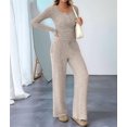 thumbnail image 6 of Women'S 2 Piece Matching Lounge Sets Fall Outfits Henley Neck Sweater Top Wide Leg Pants Sweat Suits S, 6 of 9