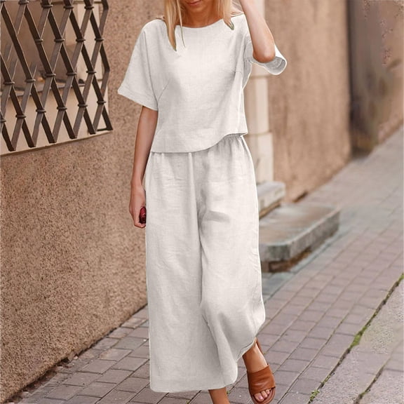 Carnival Sets for Women 2 Piece Women Fashion Round Neck Short Sleeve Tops Pants Casual Suit Sets White XL