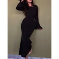 thumbnail image 3 of Diconna Women's Spring Autumn Long Dress Solid Color Long Sleeve Half High Neck Ruched Tie Up Dress, 3 of 5