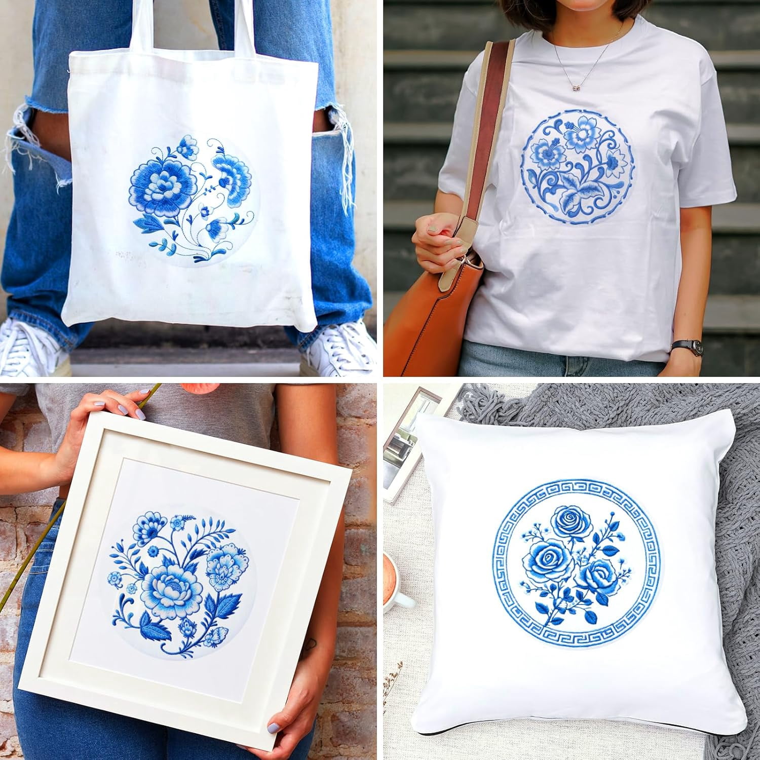 4 Set Embroidery Kit for Beginners, Blue Flower Cross Stitch Kits, Needlepoint Kits for Adults with Instructions and Full Kit, Hand Embroidery Patterns for Cloth and Home Decor