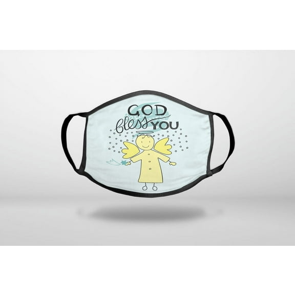 God Bless You - Angel - Yellow Teal - 3-Ply Reusable Soft Cloth Face Covering, Unisex, Cotton Inner Layer