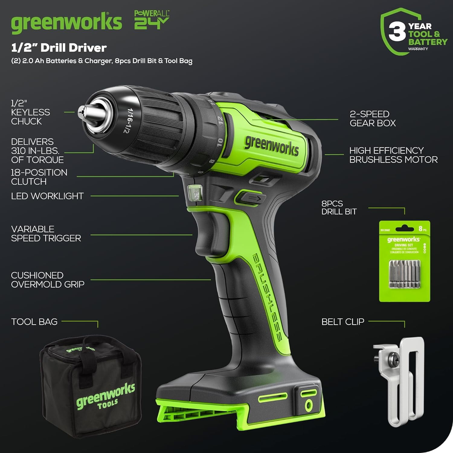 Greenworks 24V 310 in./lbs Brushless Drill Kit with 2Ah Batteries and Charger, 8-Piece Bit Set and Tool Bag Included