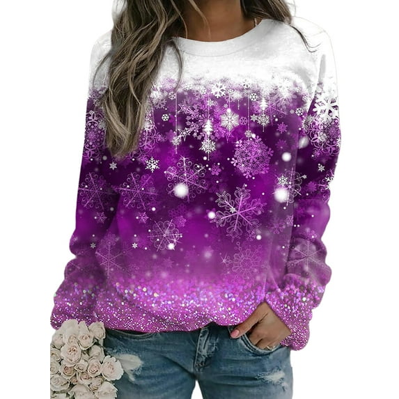 DYMADE Women Plus Sise Winter Christmas Snow Flower Print Loose Long Sleeve Crew Neck Top