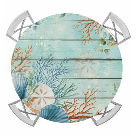 Teal Beach Coastal Round Tablecloth for 45-54 Inch Tables,Fitted Table Cover with Elastic Edge,Summer Nautical Coral Shell Botanical Vintage Waterproof Outdoor Table Cloth Protector for Patio Dinner