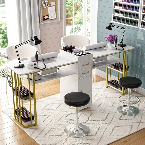 Advwin Double Manicure Table for 2 People, Dual Nail Desk with 2 Dust Collectors, 2 Wrist Rests, Storage Drawers for Nail Tools, Modern Workstation for Nail Salon