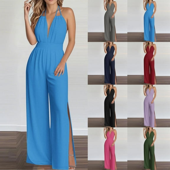 UVEASISHA Elegant Jumpsuits for Women Sleeveless Adjustable Backless Halter Overalls Side Split One Piece Outfits Cocktail Party Wide Leg Rompers Dark Blue XXL