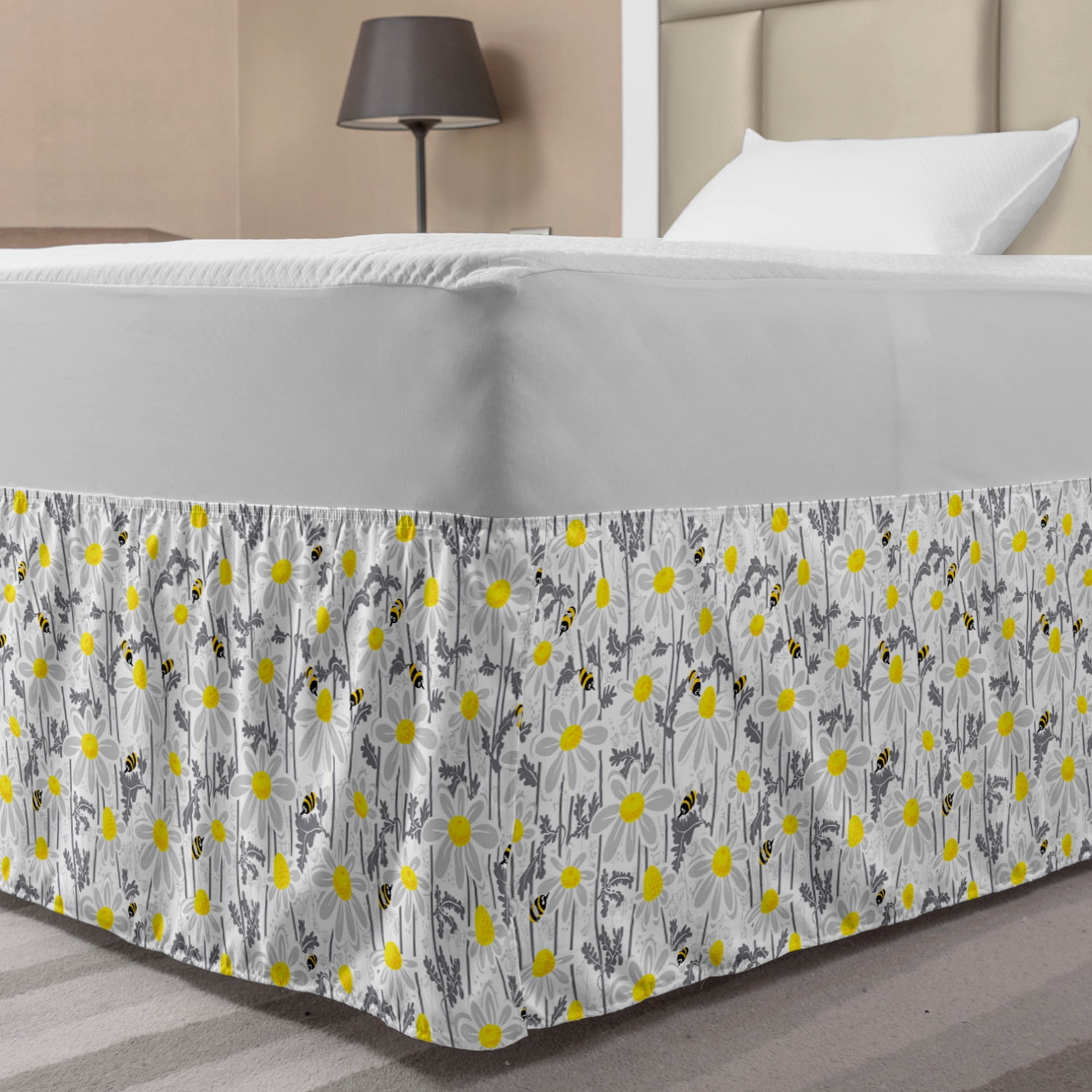 Yellow Bed Skirt, Pattern with Bees and Chamomile Daisy Flowers in