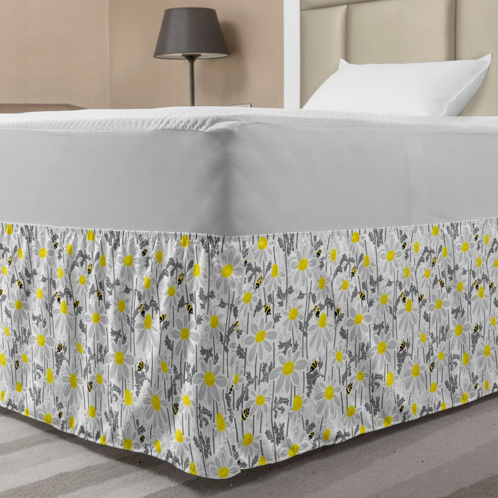 Yellow Bed Skirt, Pattern with Bees and Chamomile Daisy Flowers in