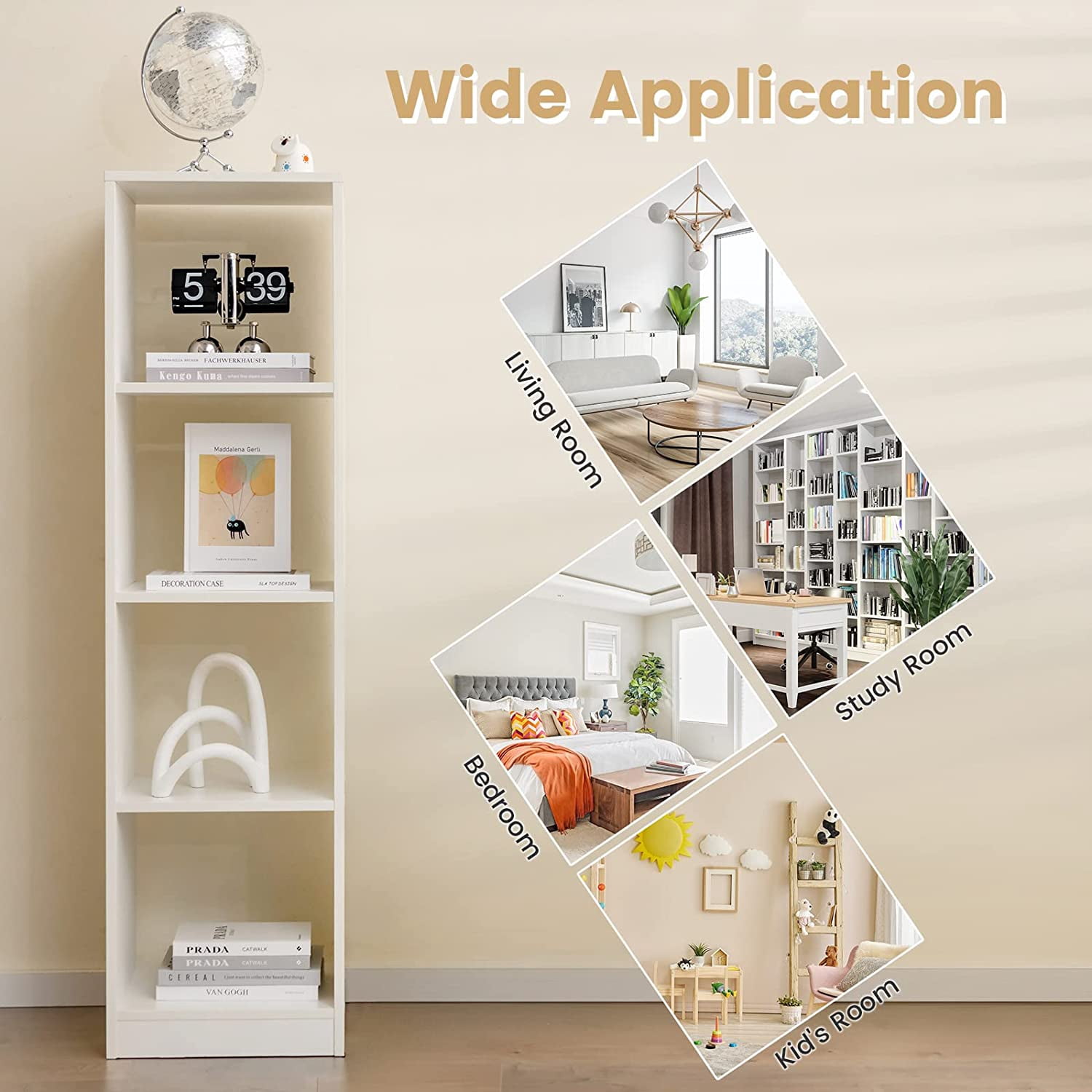 NEWto 4 Cube Vertical Bookcase, 56” Tall Narrow Freestanding Bookshelf with Anti-toppling Fittings, 5-Tier Cube Storage Organizer Display Shelf for Living Room, Study or Bedroom (1, White)