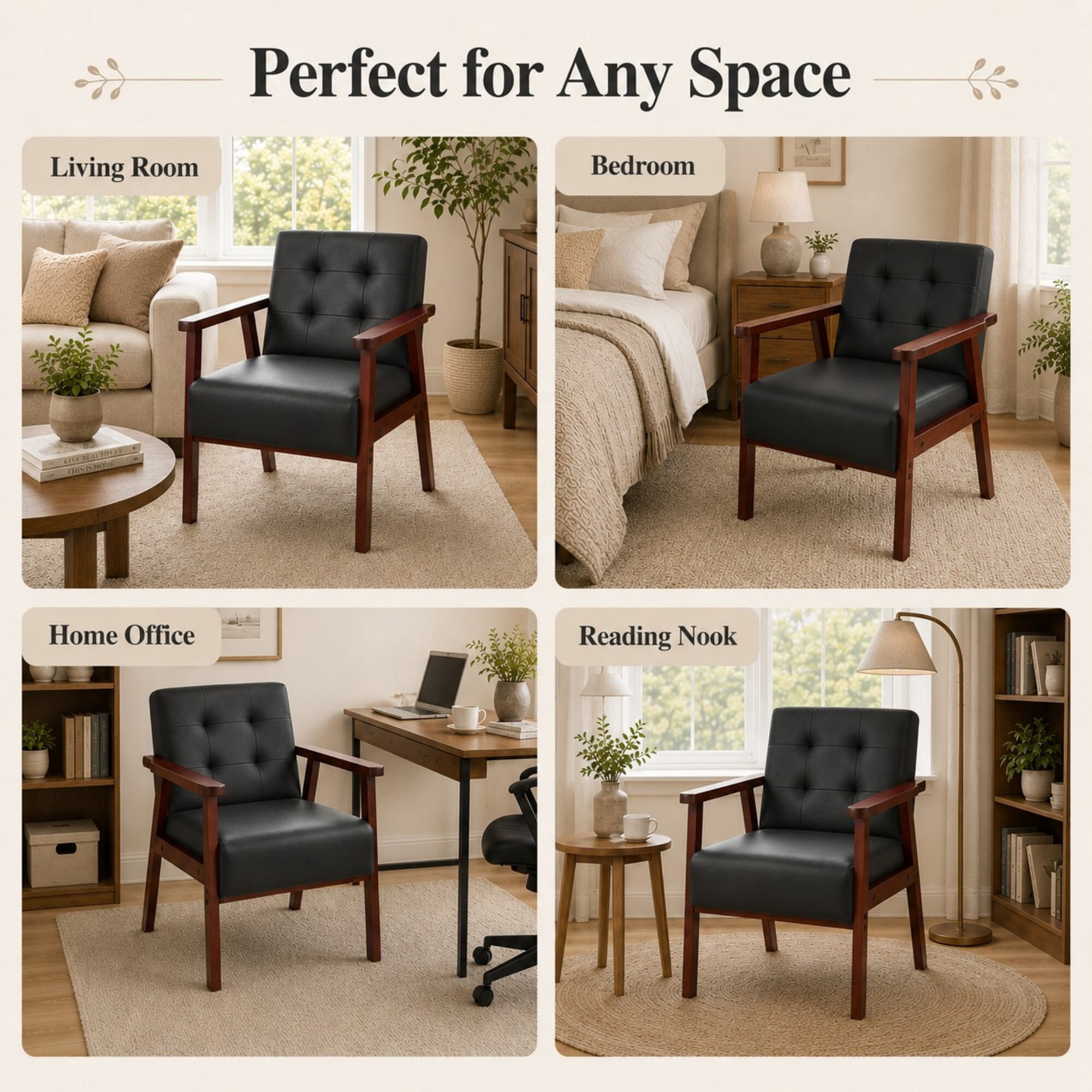 DEALTOPS Wood Accent Armchair, PU Upholstered Tufted Chair for Living Room Bedroom Office, Black