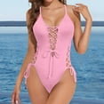 thumbnail image 2 of Sexy Lace Up 1 Piece Swimsuit Deep V Neck Bathing Suits Pink Plus Size Swimsuit For Women, 2 of 9