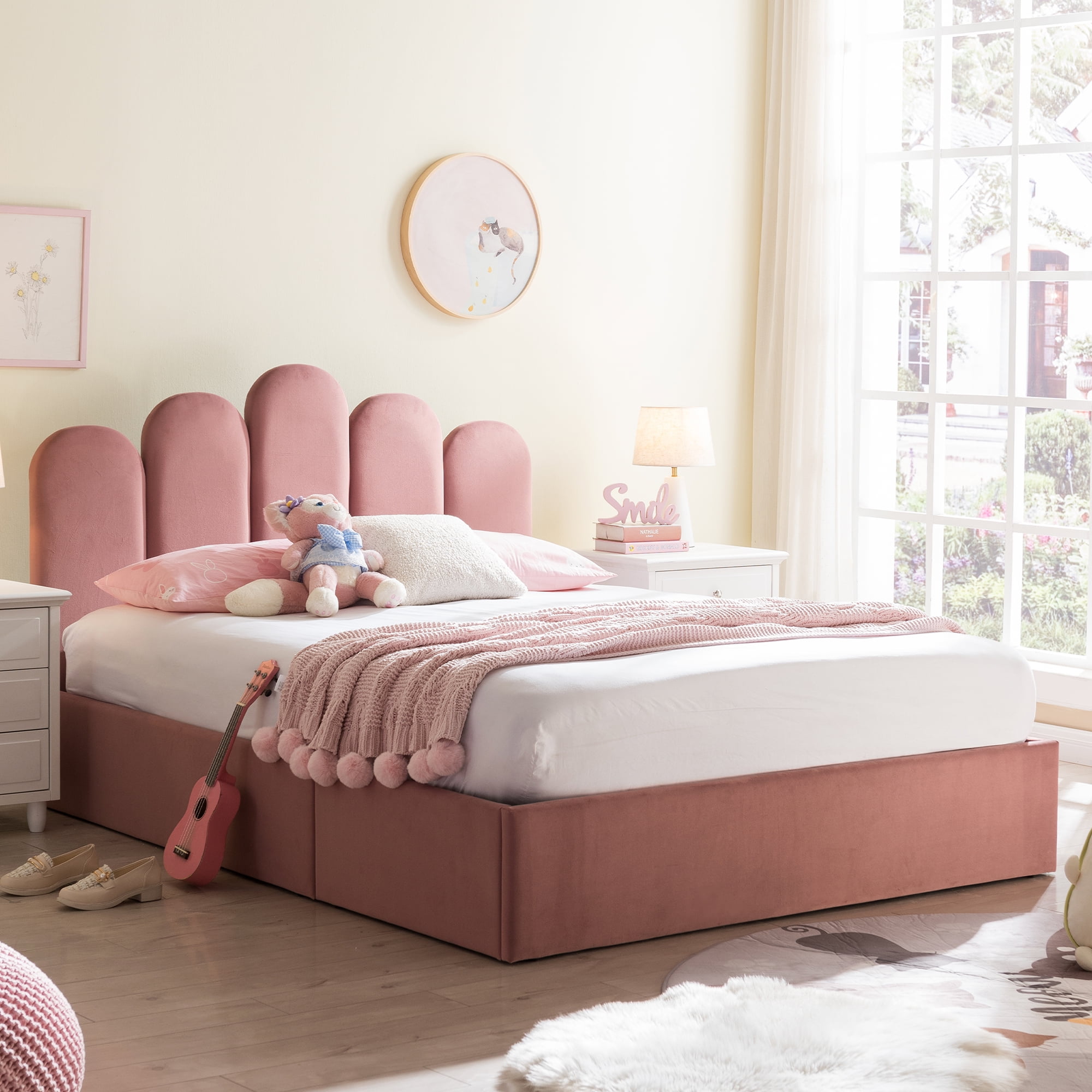 Zanmintaobo Full Bed Frame with Storage & Headboard, Upholstered Platform Bed with Hydraulic Storage System, No Box Spring Needed, with Wood Slats Support, Easy Assembly, Full Size, Pink