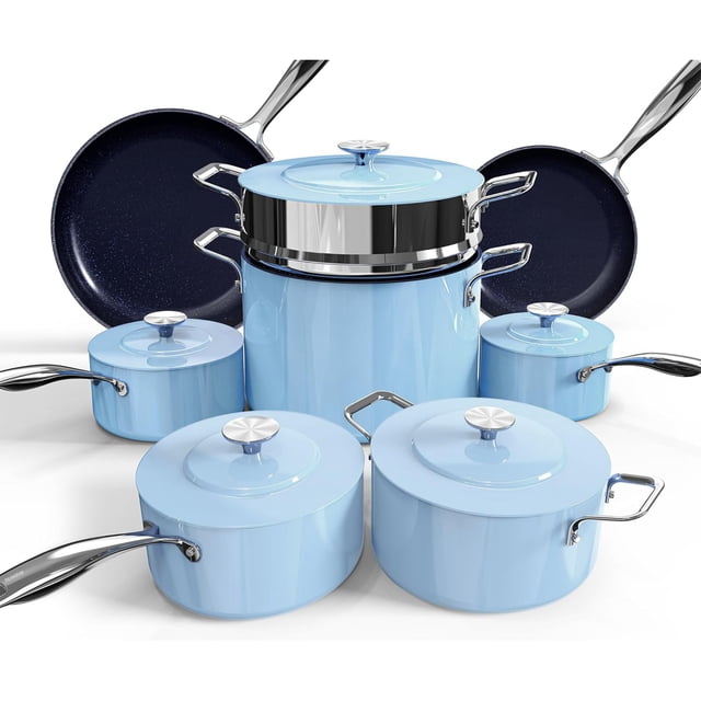 Nuwave Lux Juego de utensilios de cocina ligeros forjados de 13 piezas, sin PFAS, revestimiento cerámico saludable G10 Duralon, ultra antiadherente, mangos que se mantienen frescos, funciona en todas