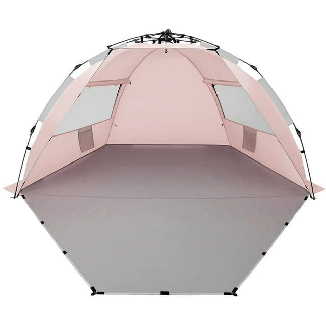 Oileus Beach Tent X-Large 4 Person Tent Sun Shelter, Portable Sun Shade, Pop Up Tents for Beach with Carry Bag, Stakes, 6 Sand Pockets, Anti UV for Fishing Hiking Camping, Waterproof, Windproof, Pink