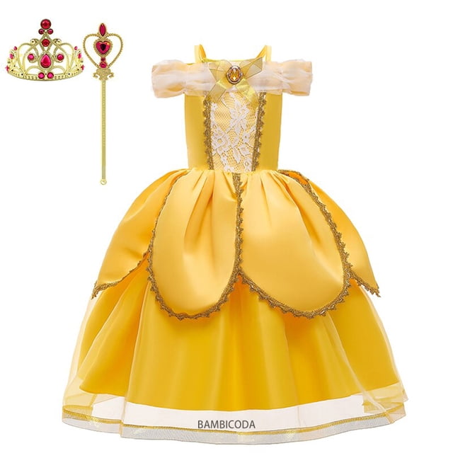 Girls Belle Princess Dress Disney Kids Summer Cosplay Costume Beauty and the Beast Clothing with Stick Crown Birthday Party Gift6T(130) Gao Jinjia LED
