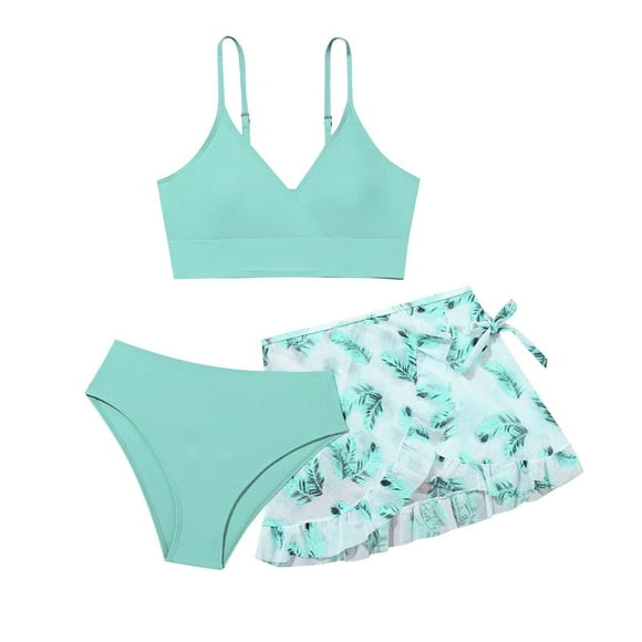 Splozh Bikini for Teens Girls Swimsuit 3 Piece Bathing Suit Bikini Set Girls' Swimwear with Skirt Mint Green,16-17 Years