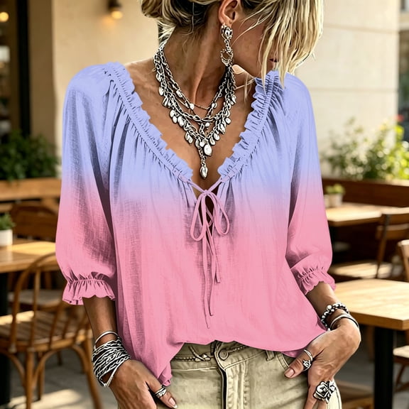 Women's Polka Dot Top 3/4 Sleeve V Neck Peasant Top Abstract Geometric Print Drawstring Ruffle 3/4 Sleeve Summer Casual Flowy Tops