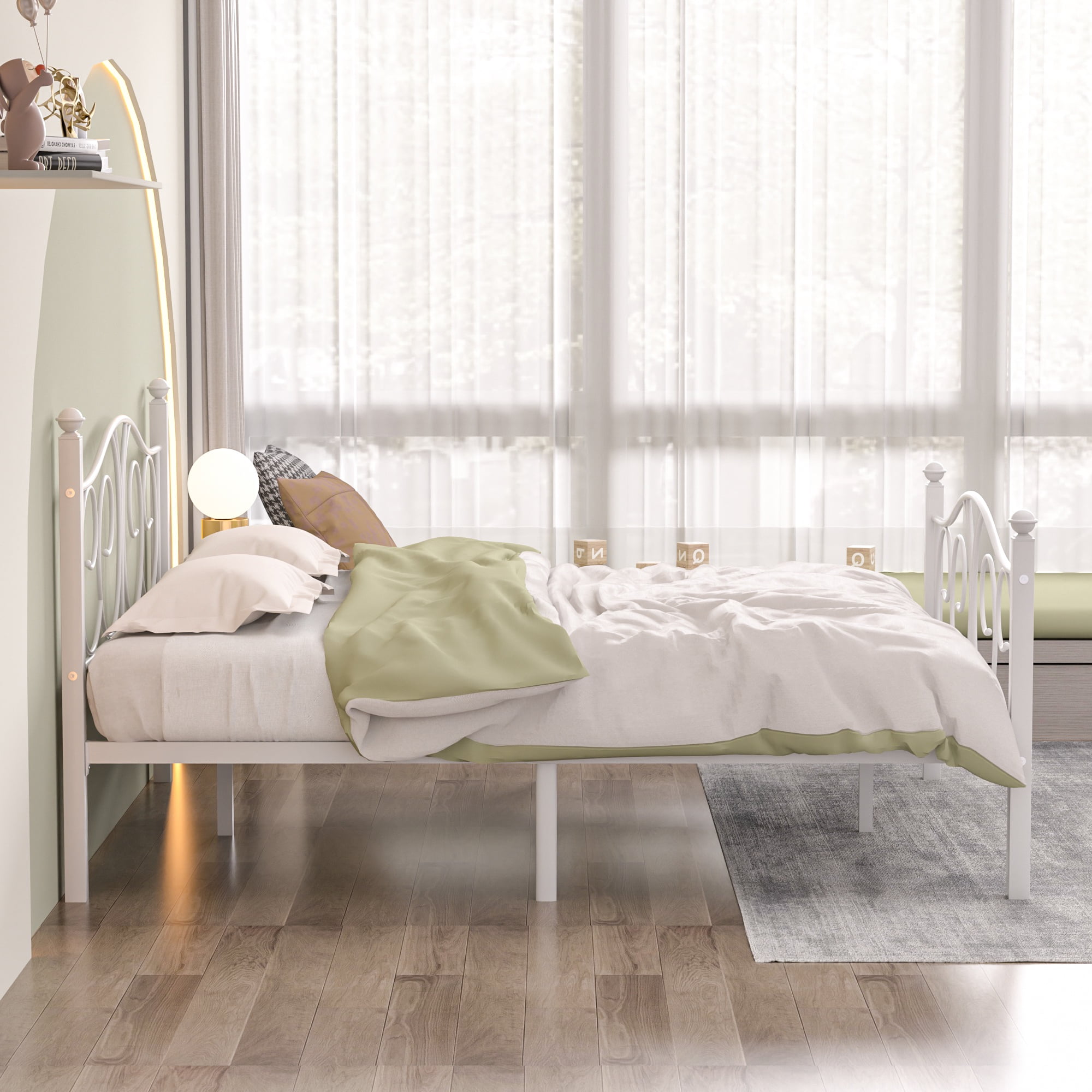 VECELO Queen Metal Bed Frame with Headboard and Footboard, Heavy Duty Slat Support Platform Frame for Bedroom, No Box Springs Needed, White