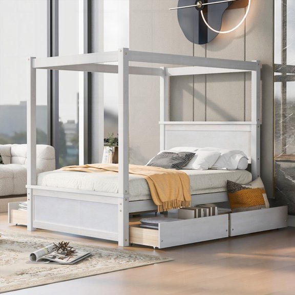 Wood Canopy Bed with four Drawers, Full Size, Brushed White, Modern Design