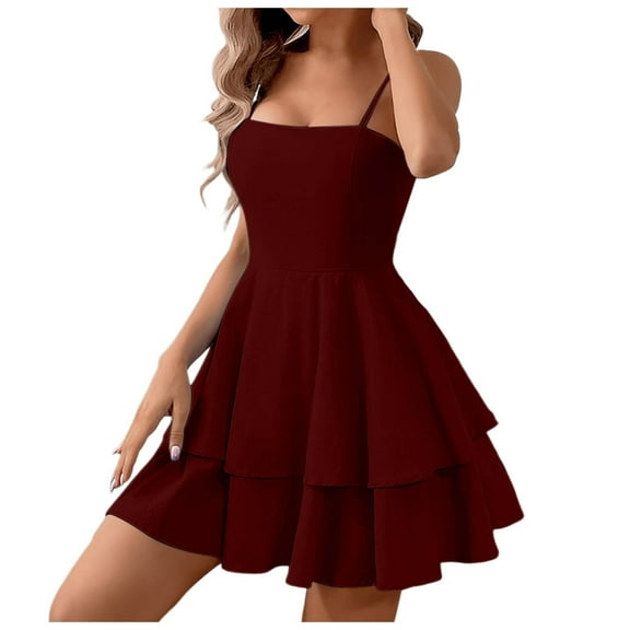 Bibifish Women Dresses Summer Square Neckline Spaghetti Strap Backless Dresses With Double Ruffle Hem A Line Ladies Mini Dresses