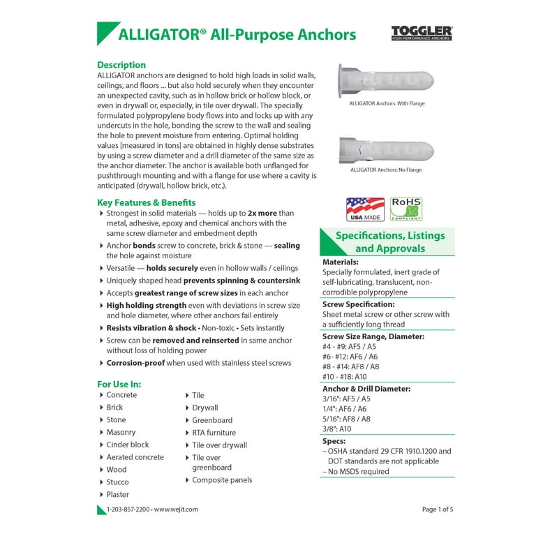 MECHANICAL PLASTICS CORP Toggler Alligator 6-Pack 3/16-Inch Solid