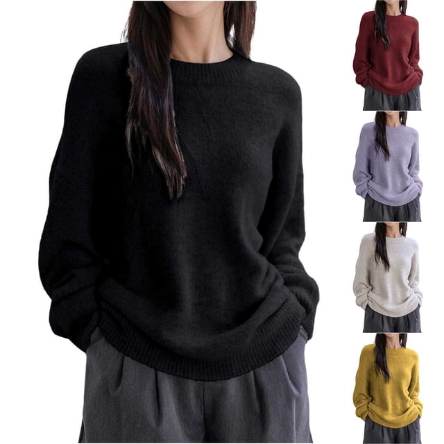 Tranfacy T-Shirts à Manches Longues pour Femmes, Hauts d'Hiver pour Femmes, Chandails Tricotés à Manches Longues à Col Rond Unis Décontractés pour Dames