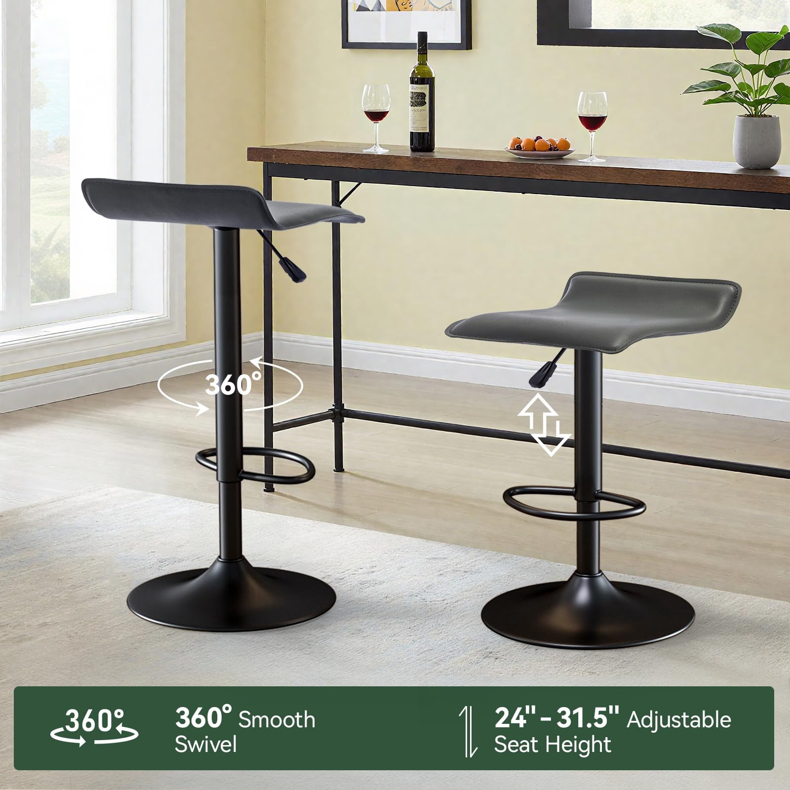 Adjustable Backless PU Leather Bar Stools Set of 2, 360° Swivel Counter Height Bar Stools with Footrest, Modern Armless Kitchen Island Chairs (Gray, Black Base)