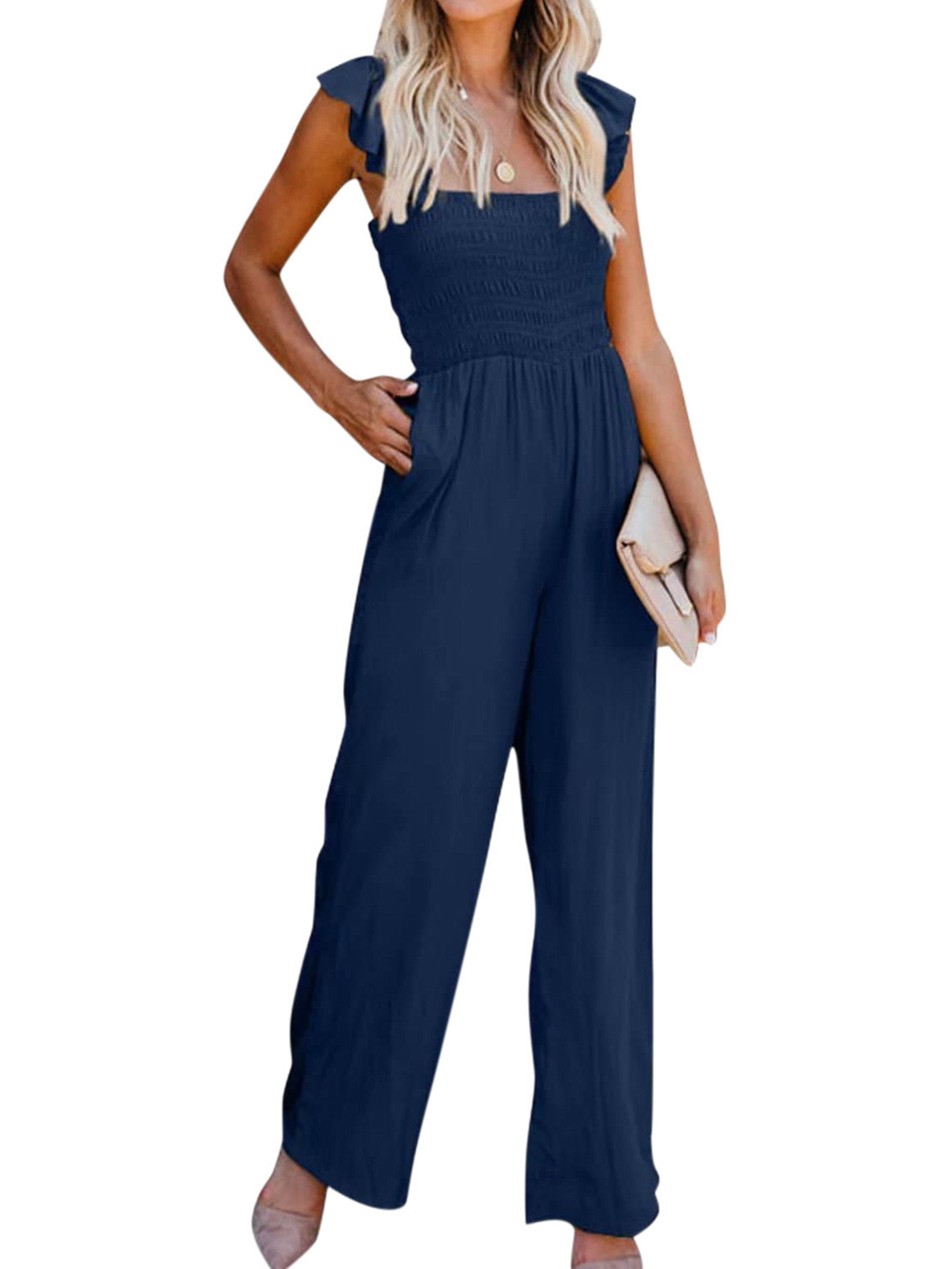 Grianlook Women Boho Ruffle Jumpsuits Polka Dot Crew Neck Romper